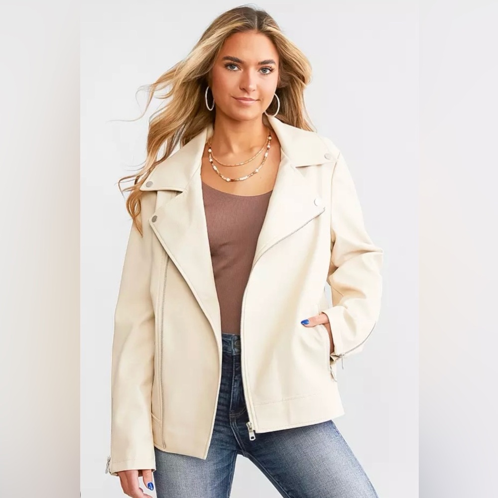 NWT Buckle Black Large Cream Khaki Faux Leather Moto Jacket Sexy Stylish
